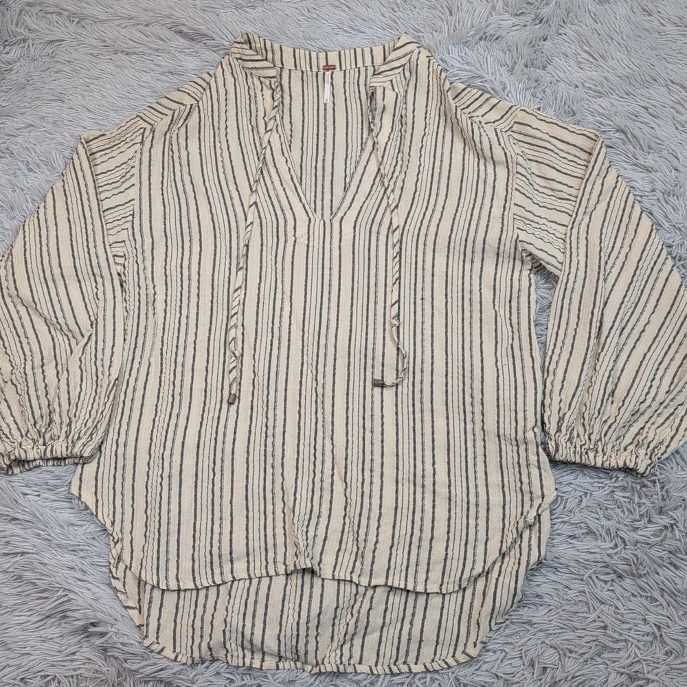 Free People Shirt Womens XS Beige Rythem Of The Night Top Tie Neck Striped